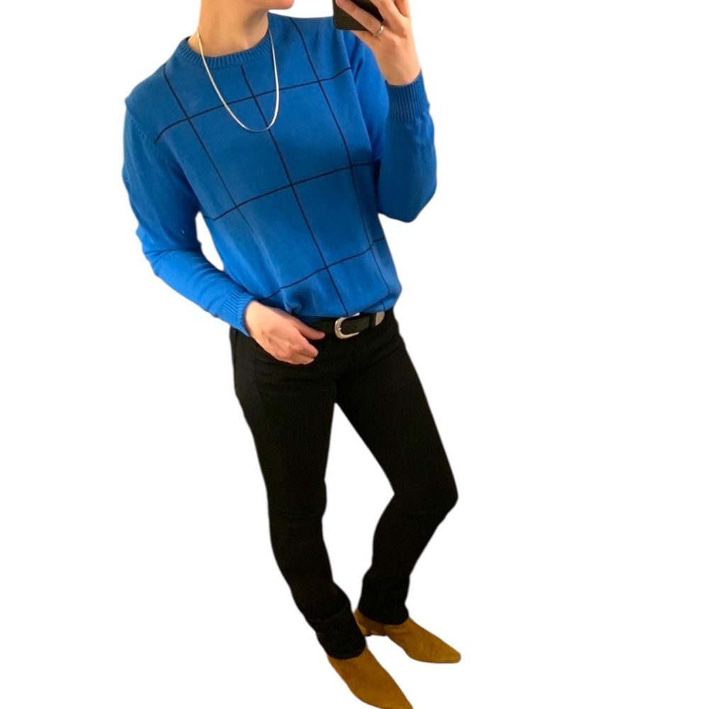 Vintage JOHN ASHFORD Blue Black Checked Cotton Crew Neck Pullover Sweater Jumper - Picture 4 of 16